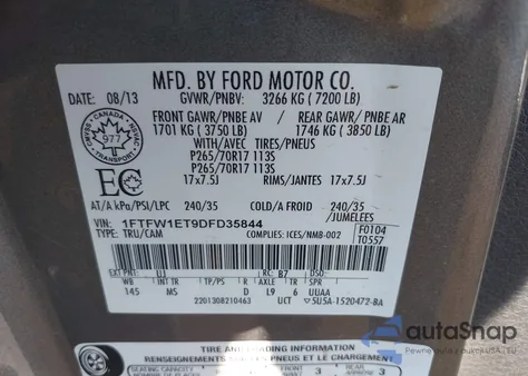2013 Ford F-150 Xlt from USA, damaged, VIN 1FTFW1ET9DFD35844